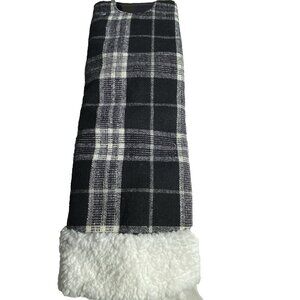 Robert Stanley Black White Plaid Christmas Tree Skirt Faux Fur Trim 48" Circle